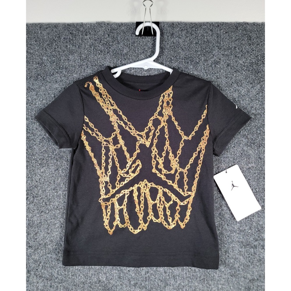 NEW Jordan T-Shirt Boys Size 2T Black Gold Chain Graphic Tee Basketball 1-2 YRS